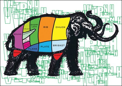 ジャケットは肉の部位が描かれたマンモスのイラスト。マンモスを食べるときに便利だ。