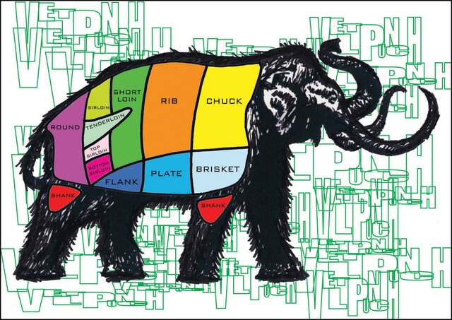 ジャケットは肉の部位が描かれたマンモスのイラスト。マンモスを食べるときに便利だ。