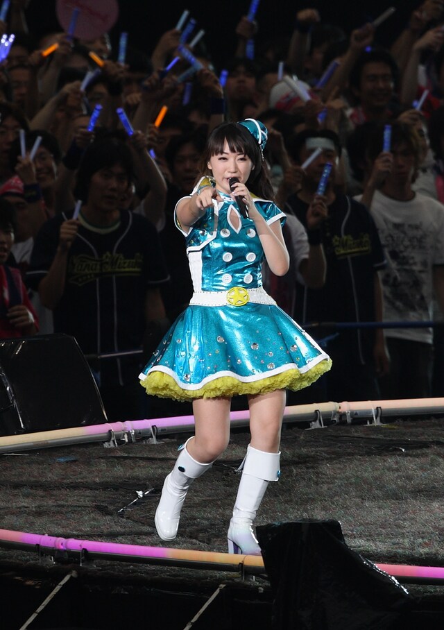 歌う水樹奈々とサイリウムを振るファン。