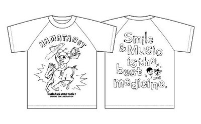 ハマケンの虚無的なイラストが前面に大きくプリントされた、ハマタネットTシャツ。背面には「Smile & Music is the best medicine.」というすてきなメッセージも。