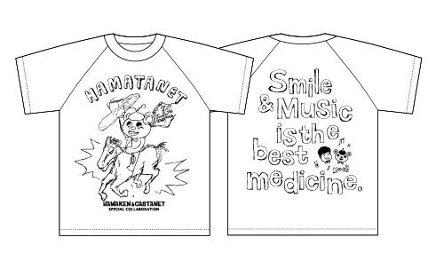 ハマケンの虚無的なイラストが前面に大きくプリントされた、ハマタネットTシャツ。背面には「Smile & Music is the best medicine.」というすてきなメッセージも。