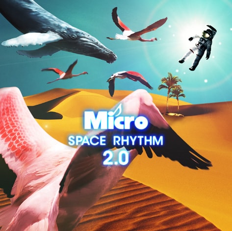 写真は「SPACE RHYTHM 2.0」ジャケット。宇宙服、砂漠、鯨、フラミンゴという不思議な組み合わせが目を引く。