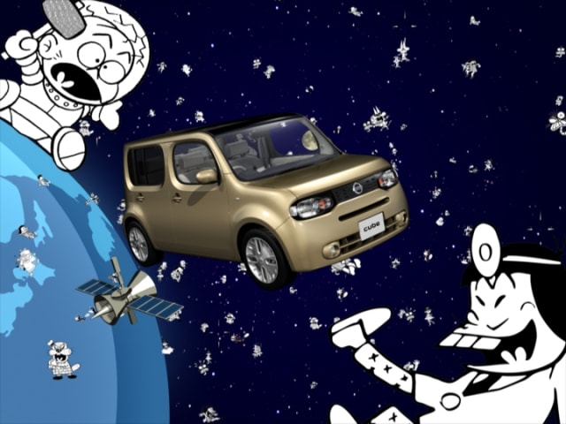 宇川直宏が手がけたCM「Remix cube篇」には赤塚不二夫の人気キャラが続々登場。日産「CUBE」オフィシャルサイトではWEB限定60秒CMが視聴可能だ。