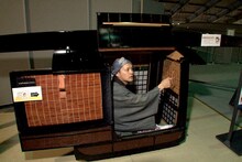 江戸っ子気分を満喫すべく、駕籠に乗りこむBOSE。