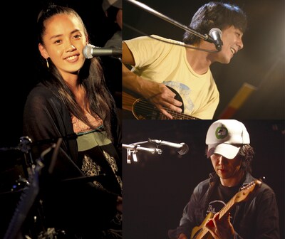 「やわらかなサイクル」ジャケット写真。左から時計回りに元ちとせ、山崎まさよし、岡本定義。