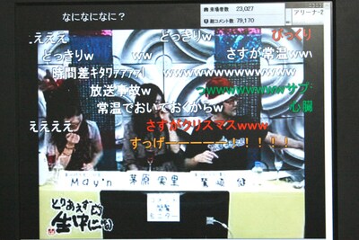 番組にはクリスマスイブにもかかわらず多くのファンが殺到。番組中、スタジオ袖に置いてあったシャンパンのフタが突然「ポン！」と開いてしまうという突然のハプニングに、ものすごい量の「wwwww」コメントが投下された。