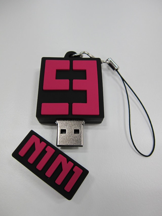 こちらがUSBメモリ「2GB」の実物写真。コンパクトな上、ストラップ付きなので持ち運びも楽そうだ。