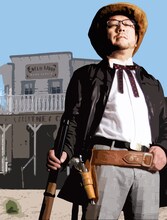 カウボーイスタイルでキメたレコード番長、須永辰緒。