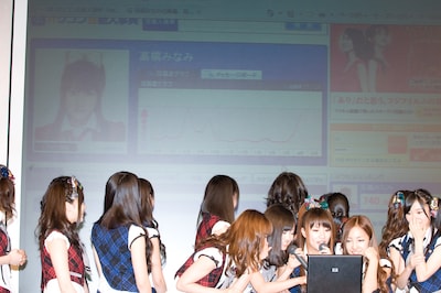 PC画面は舞台後方のスクリーンにも表示。高橋みなみのプロフィールが映し出されると、メンバーからは驚きの声と笑い声が同時に沸き起こった。