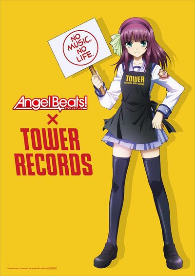 「Angel Beats!」ゆりがタワレコエプロン姿で「NO MUSIC, NO LIFE.」の看板を掲げた「Angel Beats!×TOWER RECORDS」コラボポスター。