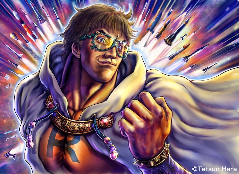 原哲夫によるふかわりょうのイラスト。胸にはROCKETMANのイニシャル「R」の文字が。