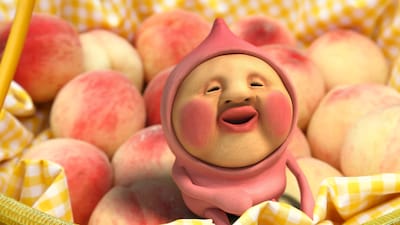 写真は「こびとづかん」のキャラクター、カクレモモジリ。熟れた桃の実に寄生し、桃の糖分を吸って暮らしている。