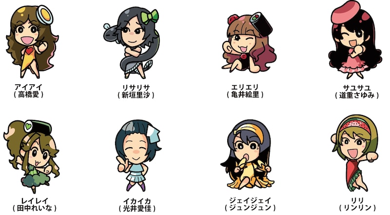 アイアイ（高橋愛）、リサリサ（新垣里沙）、エリエリ（亀井絵里）、サユサユ（道重さゆみ）、レイレイ（田中れいな）、イカイカ（光井愛佳）、ジェイジェイ（ジュンジュン）、リリ（リンリン）の8人からなる「むてん娘。」。