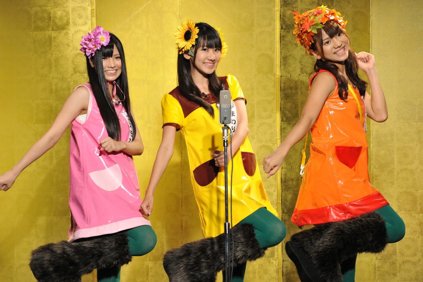 写真左からコスモス（倉持明日香）、ひまわり（柏木由紀）、もみじ（高城亜樹）。3人あわせて、花の三姉妹だ。