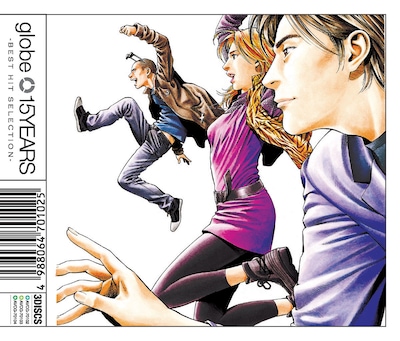 北条司が一番最初に思い浮かべたという「飛び跳ねているマーク」（イラスト左端）が特に印象的なベストアルバム「15YEARS -BEST HIT SELECTION-」ジャケット。