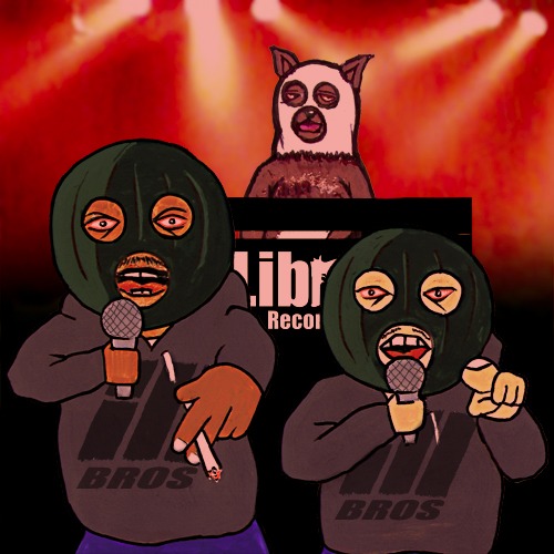 TAB001本人がイラストを描いた「ILL BROS feat. MC 漢」のビデオクリップのワンシーン。手前の2人が漢とTAB001で、後ろの犬がDJ BAKUと思われる。