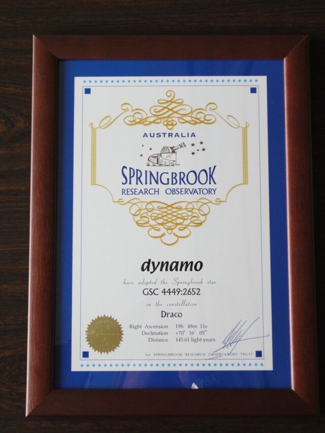 写真は惑星「dynamo」の登録証明書。
