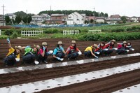 「SUPER☆GiRLSファーム」に野菜の種をまくSUPER☆GiRLSのメンバー。