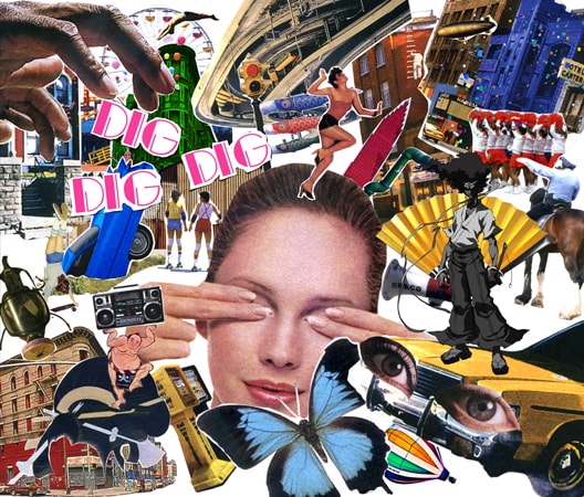 カオティックなコラージュが印象的なアルバム「Dig Dig Dig」ジャケット。