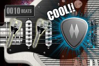 写真は「MIWA ROCK!!」ゲーム画面。ピック型のアイコンではアップ/ダウンピッキング、鍵型アイコンではネックを持ち上げる要領でiPhone本体を持ち上げる。