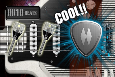 写真は「MIWA ROCK!!」ゲーム画面。ピック型のアイコンではアップ/ダウンピッキング、鍵型アイコンではネックを持ち上げる要領でiPhone本体を持ち上げる。