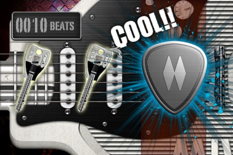 写真は「MIWA ROCK!!」ゲーム画面。ピック型のアイコンではアップ/ダウンピッキング、鍵型アイコンではネックを持ち上げる要領でiPhone本体を持ち上げる。