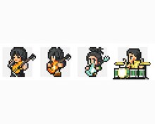 コラボの一環として、BUMPの4人をドット絵で表したイラストも制作。写真左より藤原基央（Vo, G）、増川弘明（G）、直井由文（B）、升秀夫（Dr）。こちらはCDのブックレットなどで使用される予定だ。