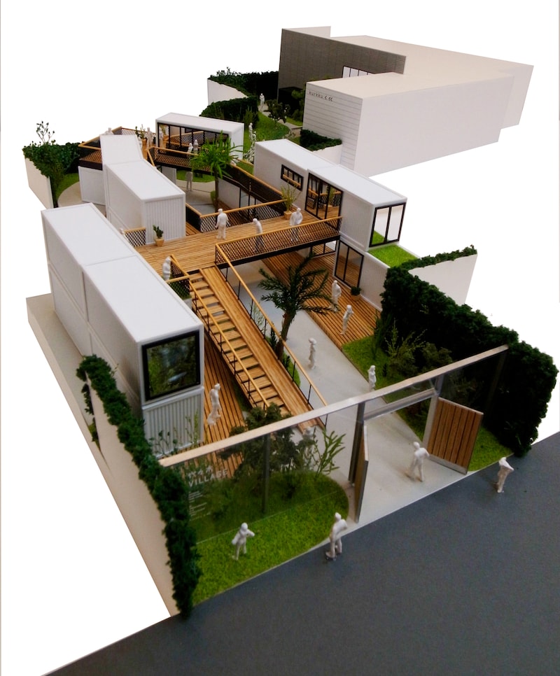 「代々木VILLAGE by kurkku」全体模型。手前がエントランス。奥に見えるカギ型のエリアがcode kurkku。