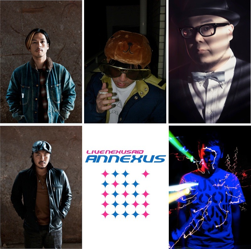 「LIVE NEXUS AID ANNEXUS」出演アーティスト第2弾で発表された面々。左上から時計回りでSAKU（Dragon Ash）、鹿野淳、TOMOYUKI TANAKA（FPM）、矢口雅哲（ムック）、DJ BOTS（Dragon Ash）。
