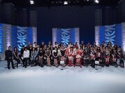 出演者全員によるトーク収録の様子。写真左から、恵俊彰、鈴木杏樹、エレファントカシマシ、倉木麻衣、2PM、JUJU、Perfume、フレンチ・キス、渡り廊下走り隊7、SKE48。