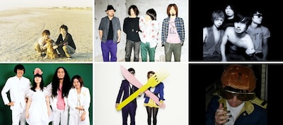 「NEW YEAR NEW COMER」出演者たち。左上から時計回りで音速ライン、クリープハイプ、撃鉄、鹿野淳、LIL、SEBASTIAN X。