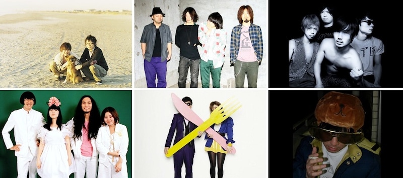 「NEW YEAR NEW COMER」出演者たち。左上から時計回りで音速ライン、クリープハイプ、撃鉄、鹿野淳、LIL、SEBASTIAN X。