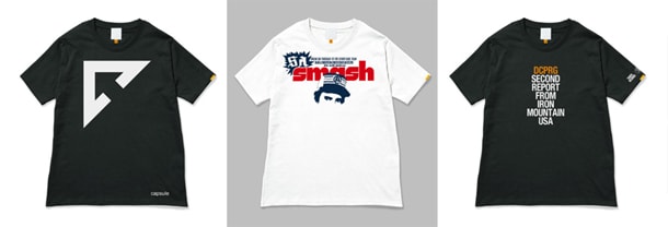 左からcapsule、SA、DCPRGのTシャツ。3月23日から予約開始受付が