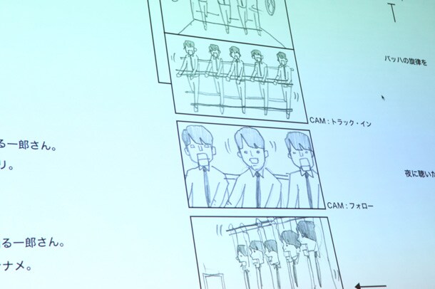 「とても細かく描いてあるので演技しやすかった」と山口が語った、田中直筆の絵コンテ。