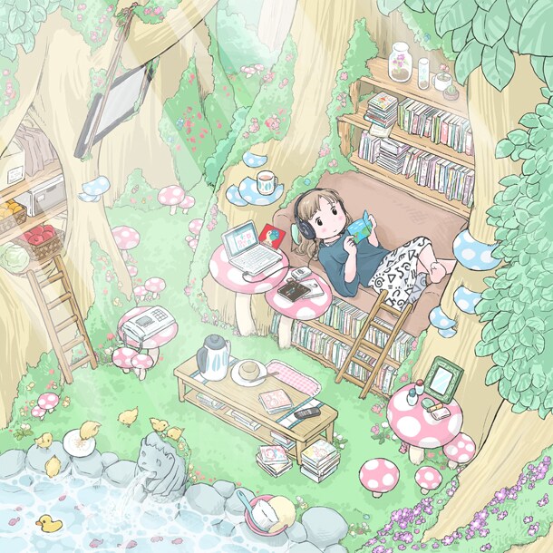 水沢悦子が描き下ろしたイラスト。パソコンの脇にはこれまで発表された星野の作品がずらり。