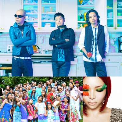 今回出演が決まったRHYMESTER（写真上）、有坂美香＆The Sunshowers（左下） with HanaH（右下）。