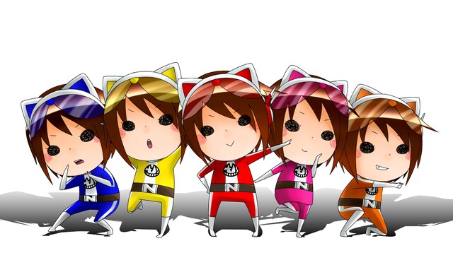 左からちびナノブルー、ちびナノイエロー、ちびナノレッド、ちびナノピンク、ちびナノオレンジ。5人揃ってちびナノレンジャーだ。