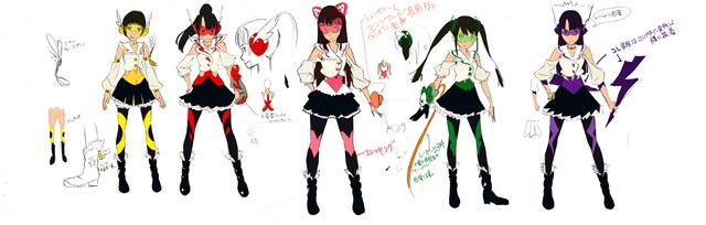 細かく設定された各メンバーの衣装原案。ここから改良を加えて実際の衣装が作られた。