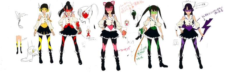 細かく設定された各メンバーの衣装原案。ここから改良を加えて実際の衣装が作られた。