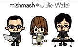 mishmash*Julie Watai。イラスト左がマスヤマコム(プロデュース・作詞)、中央がJulie Watai(Vo)、右が美島豊明(作曲・編曲)。