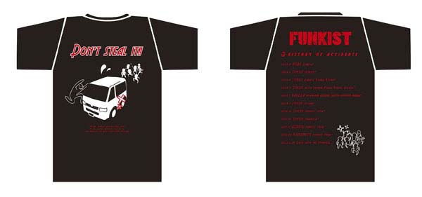 左から「バンド車盗んじゃダメダメ Tシャツ」の表面、裏面。