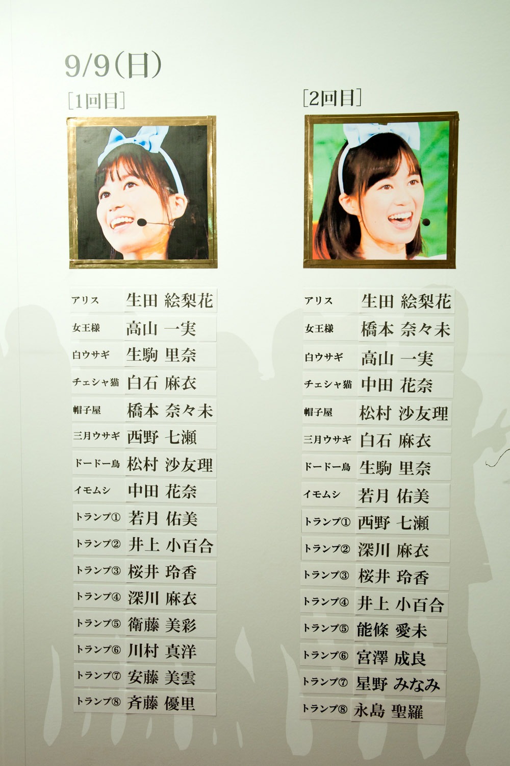 写真は公演終了後、劇場ロビーに掲示されたキャスト一覧。