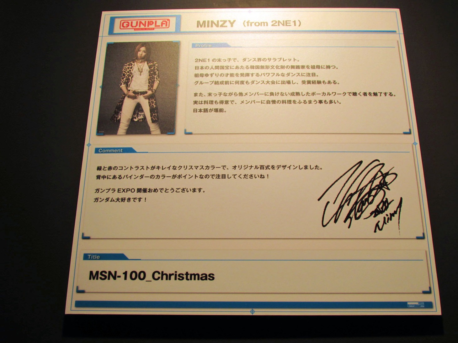 MINZY（2NE1）の紹介パネル。