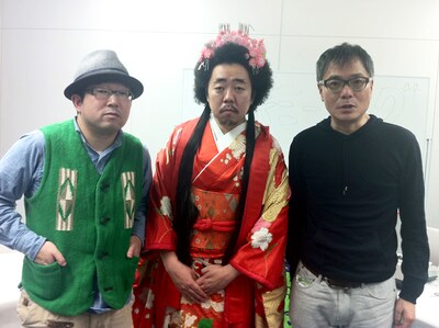 配信終了後の記念撮影。写真左から田ンボマスター、レキシ、足軽先生。