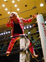 東京・後楽園ホールのリングでパフォーマンスを披露するカラーボトル。