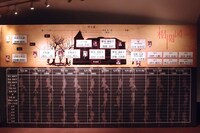 東京・赤坂ACTシアターのロビーに掲示された「乃木坂歌劇団～迷宮の花園～」の相関図と5月3日公演のキャスト。