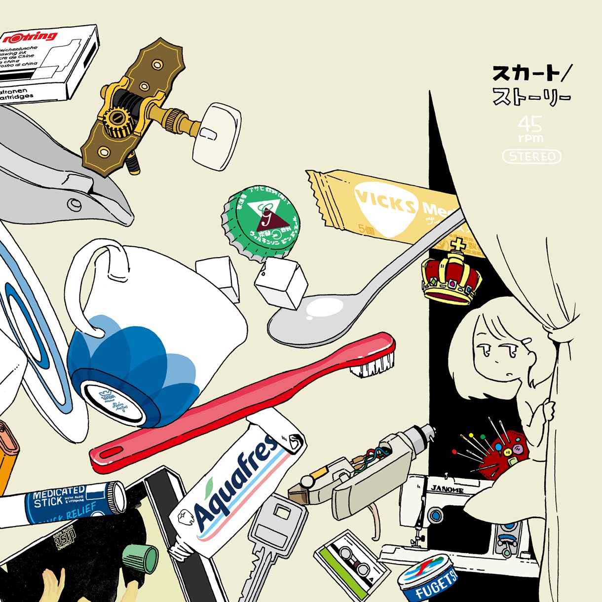 スカート「ストーリー」のアナログ盤。ジャケットイラストはチケットと同じく見富拓哉によるもの。
