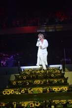 3曲目の「ヒマワリ」で、ヒマワリの生花で飾られた階段を降りながらアリーナ前方のファンへ近付く松岡充（Vo）。