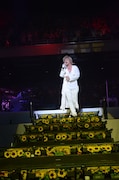 3曲目の「ヒマワリ」で、ヒマワリの生花で飾られた階段を降りながらアリーナ前方のファンへ近付く松岡充(Vo)。