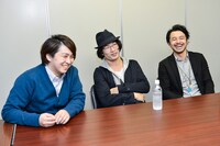 左からカワイヒデヒロ（B）、岸本亮（Key）、井上司（Dr）。